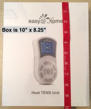 An image of the Easy@Home TENS machine box. It is captioned "Box is 10" x 8.25" "