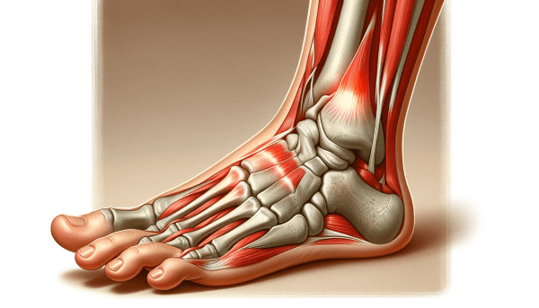 Pain on top of foot caused by Extensor tendonitis, show inflammation and swelling of the extensor tendons, along with signs like redness and thickening of the tendons.