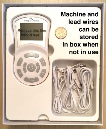 The opened Easy@Home TENS machine box. It shows all the pieces that come with it and is captioned "Machine and lead wires can be stored in box when not in use."