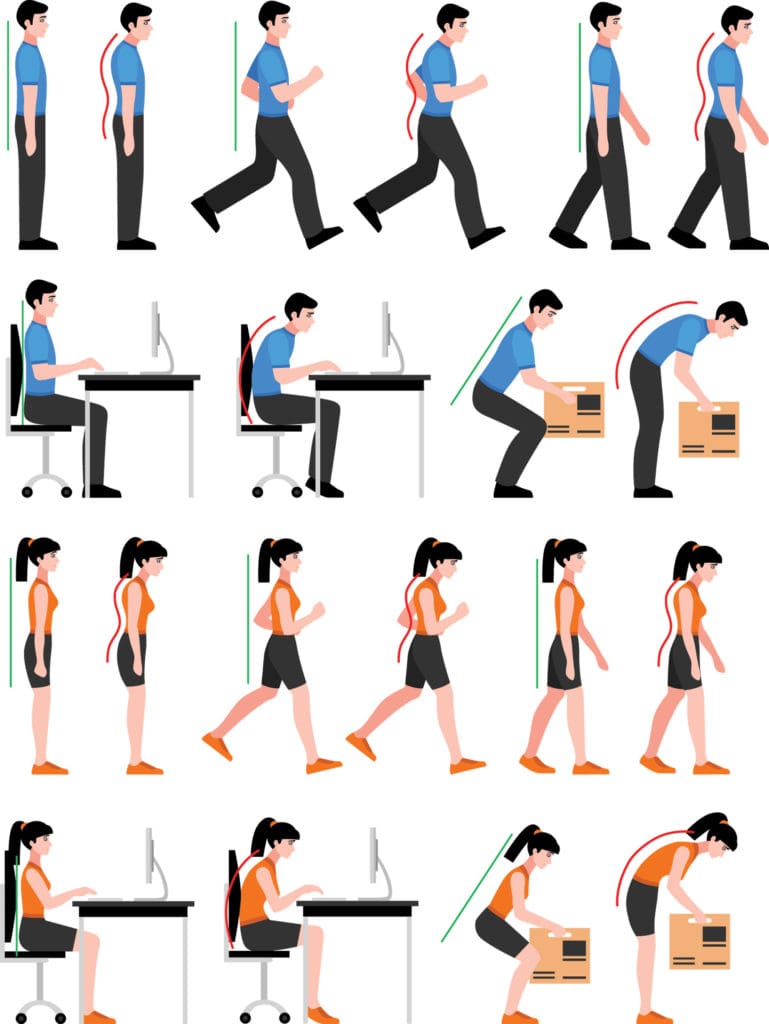 correcting posture while sitting, standing, and walking